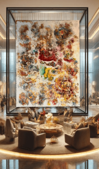 Partition Wall — A burlap work floated between glass or plexi panels — a luminous divider between two rooms. Light passes through the hemp, jute, linen, and cotton, so the fibers glow and the space stays open.