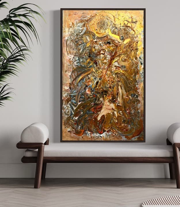 Golden River — sculpted canvas relief, 24kt gold, acrylic, resin by Polen Cerci