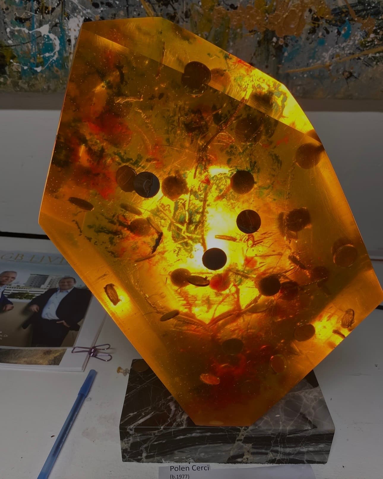 Golden Rock — pennies, amber resin, marble by Polen Cerci