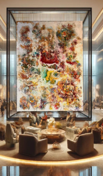 Partition Wall — A burlap work floated between glass or plexi panels — a luminous divider between two rooms. Light passes through the hemp, jute, linen, and cotton, so the fibers glow and the space stays open.