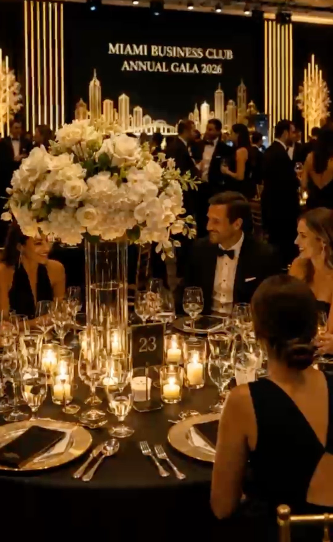 Miami Business Club Annual Gala 2026, the ballroom in black tie, gold-lit tables under the MBC skyline backdrop
