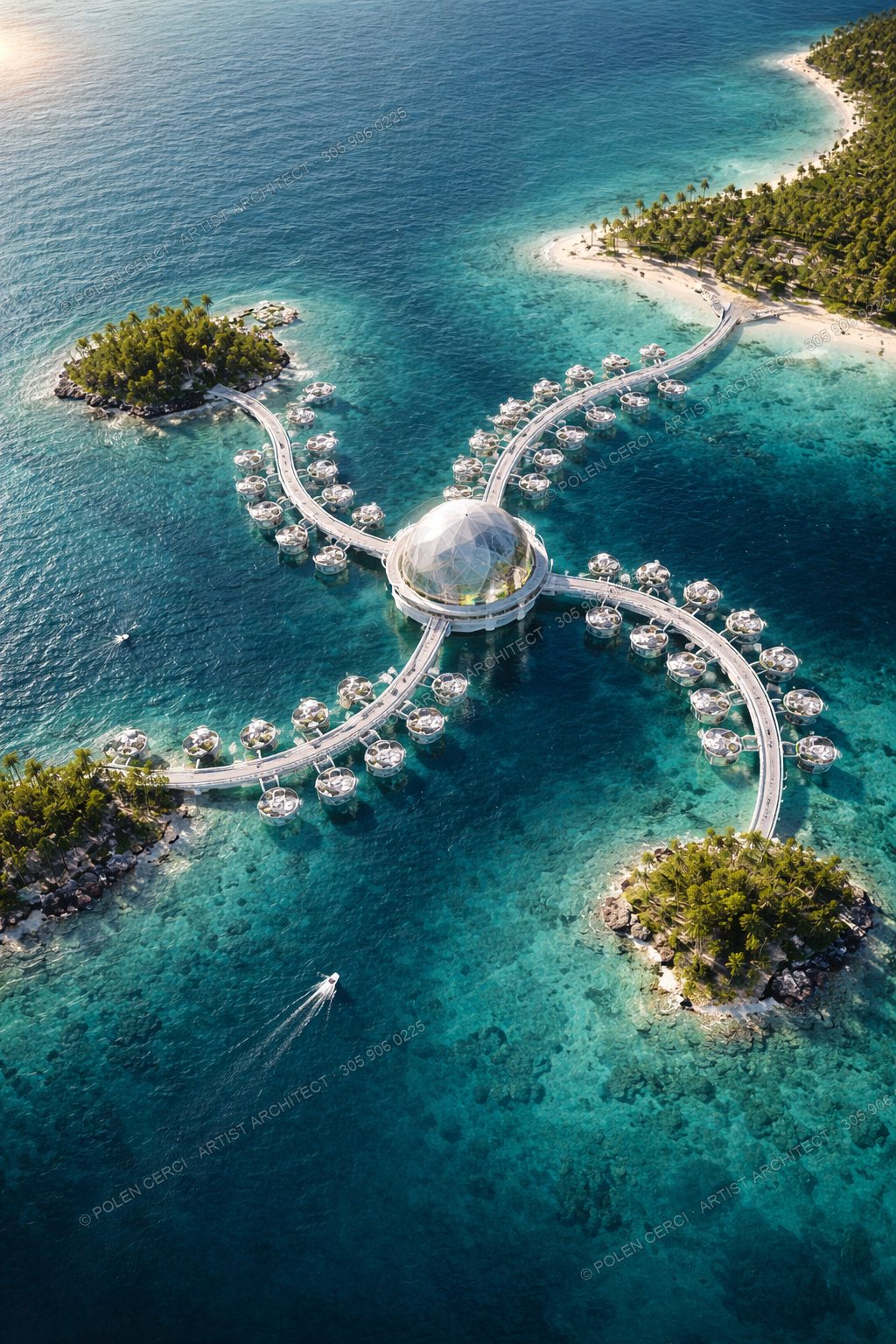 Aerial view of the One Life, One Love structure floating on turquoise water