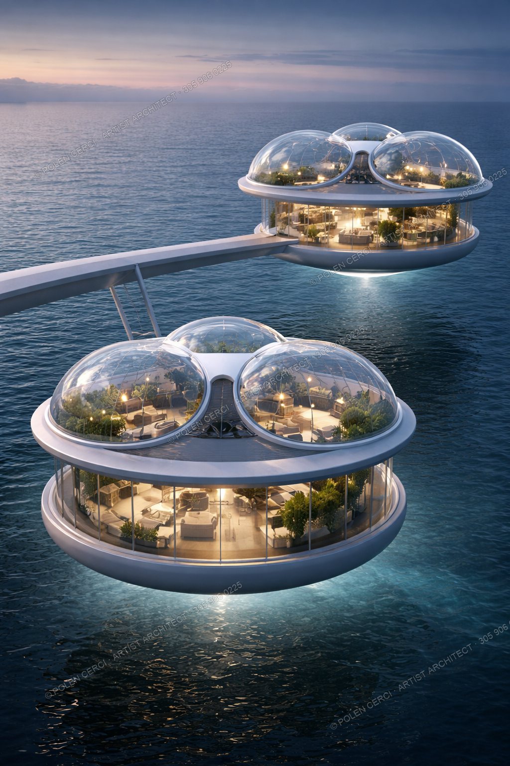 Glass residency domes glowing at dusk above the ocean