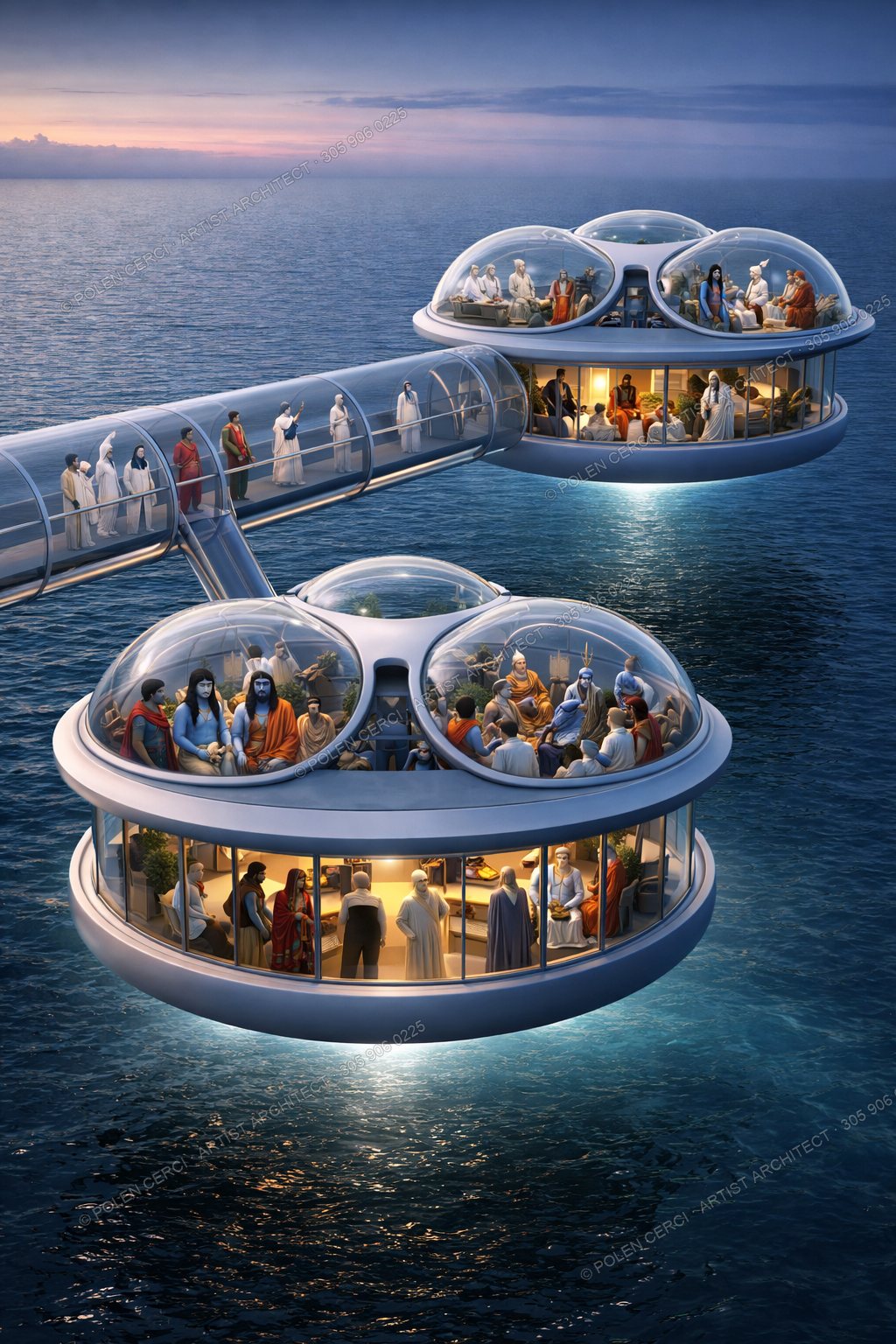 People of many cultures and faiths gathered together inside the glass pods